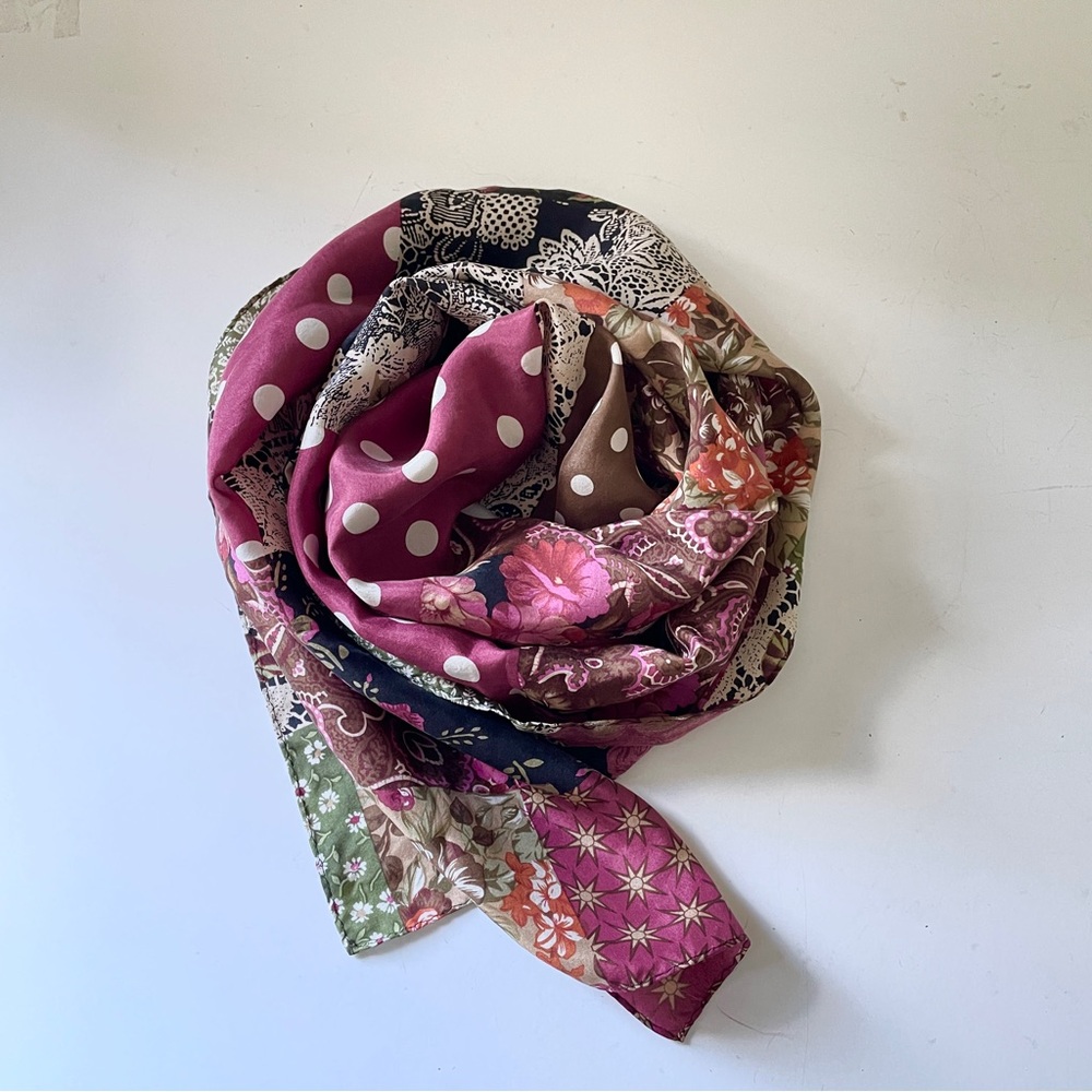 Boho Vintage Silk Floral Scarf New York Studio Patchwork Polka Dot Head Wrap